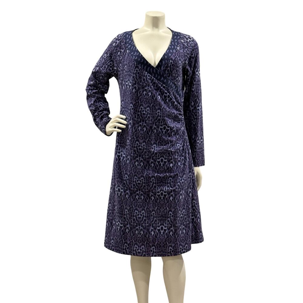 Soft Surroundings Faux Wrap Dress Sz Medium Purple Leopard Print Long Sleeve
